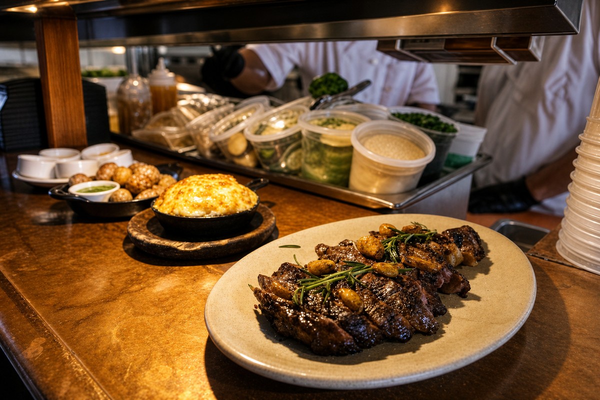 Comparti carving station with juicy steak and potatoes