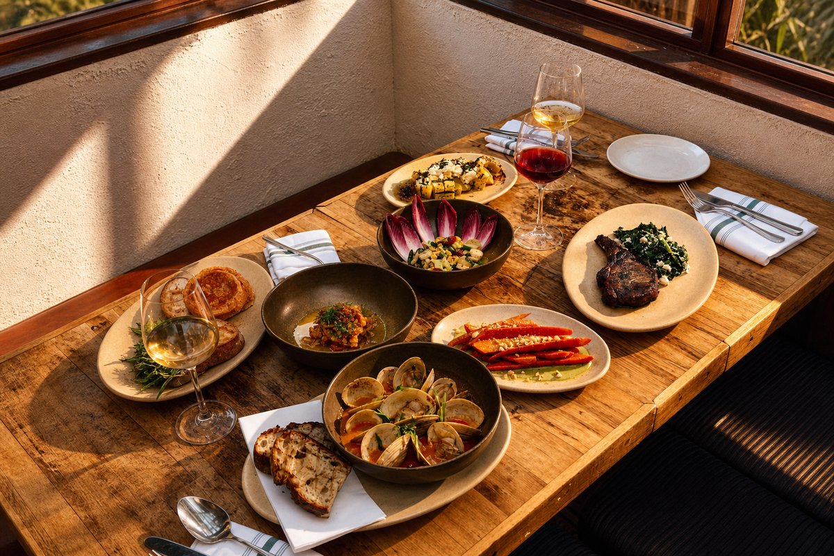 Comparti rustic feast with seafood, meats and wine