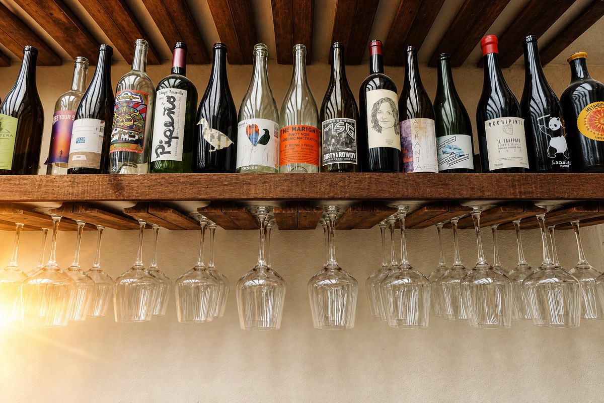 Comparti rustic event bar setup with wine bottles and glasses