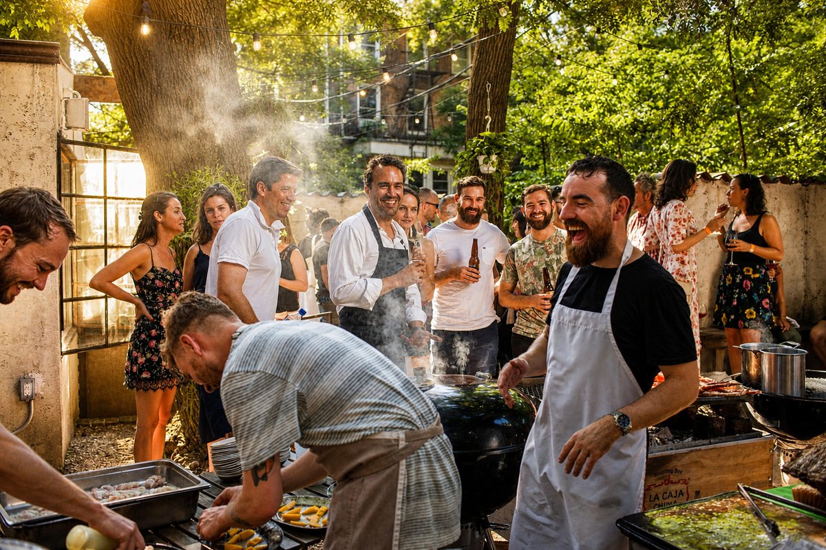 Comparti chefs laughing beside the smoker