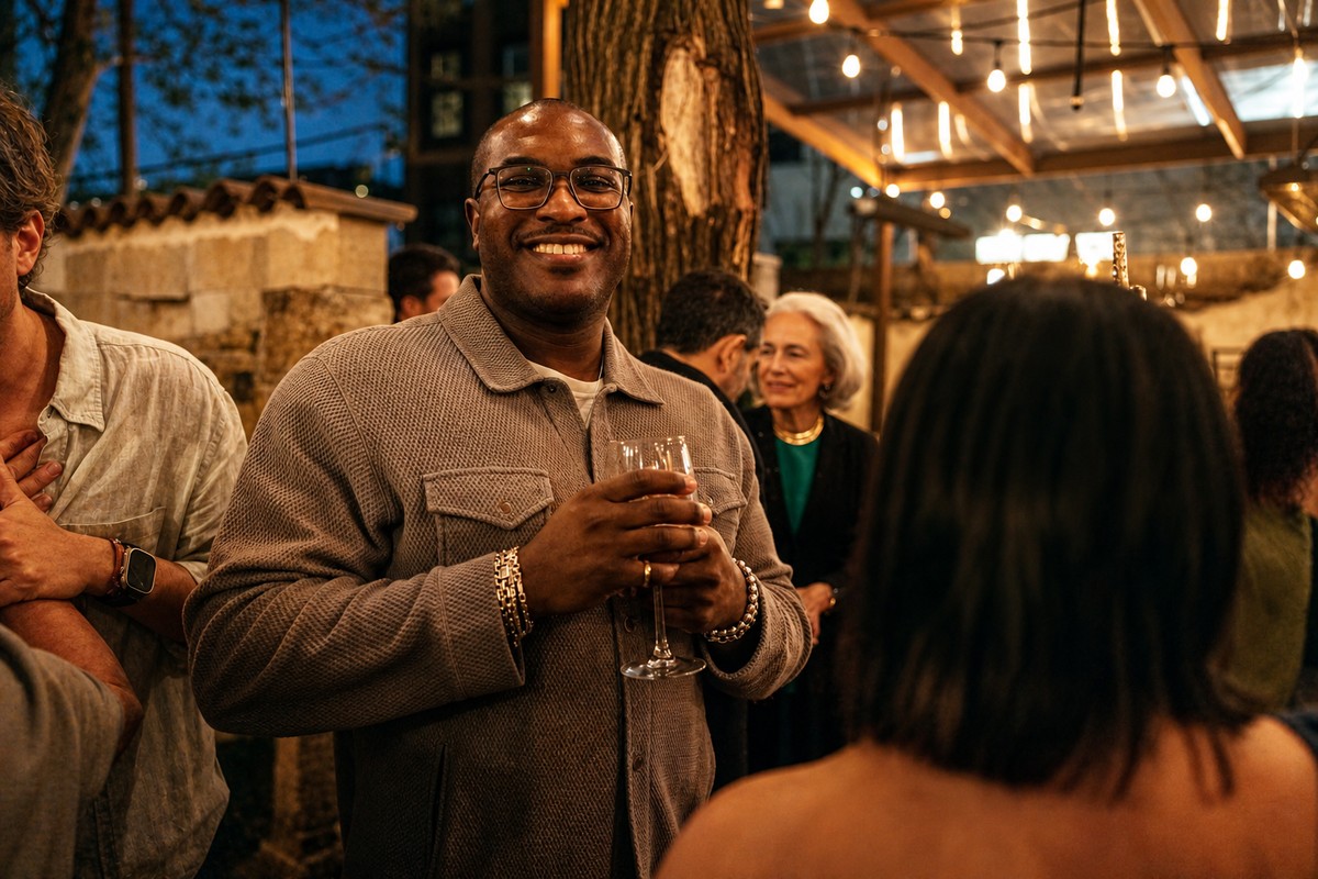 Comparti event guests with wine at sunset