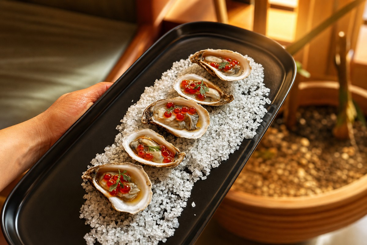 Comparti raw bar with fresh oysters and red caviar