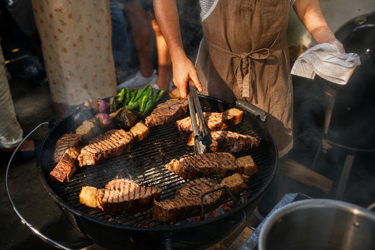 Comparti chef grilling steaks over an open fire