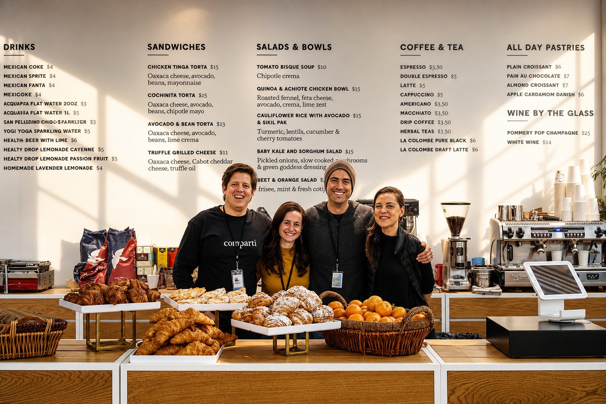 Comparti hospitality team behind a café counter with pastries