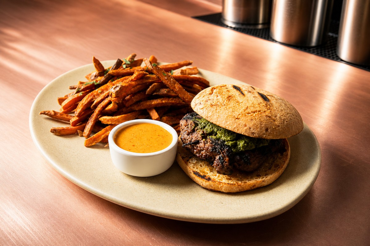 Comparti gourmet burger with crispy sweet potato