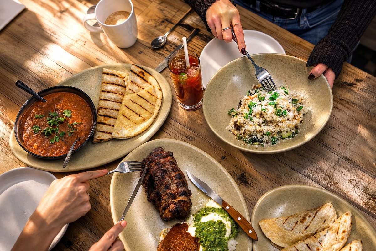 Comparti family-style feast being shared at an event