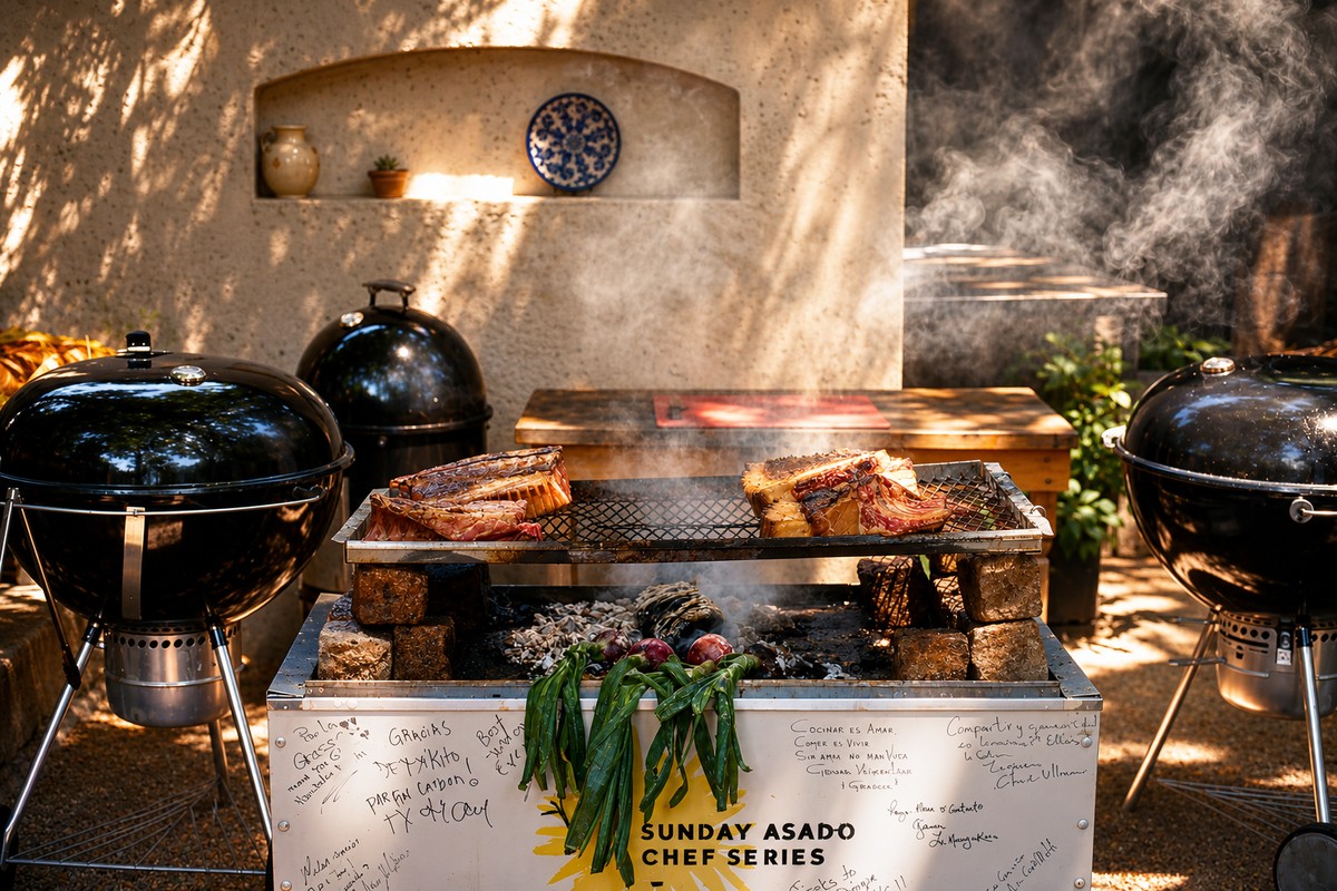 Comparti outdoor BBQ catering on a wood-fire grill