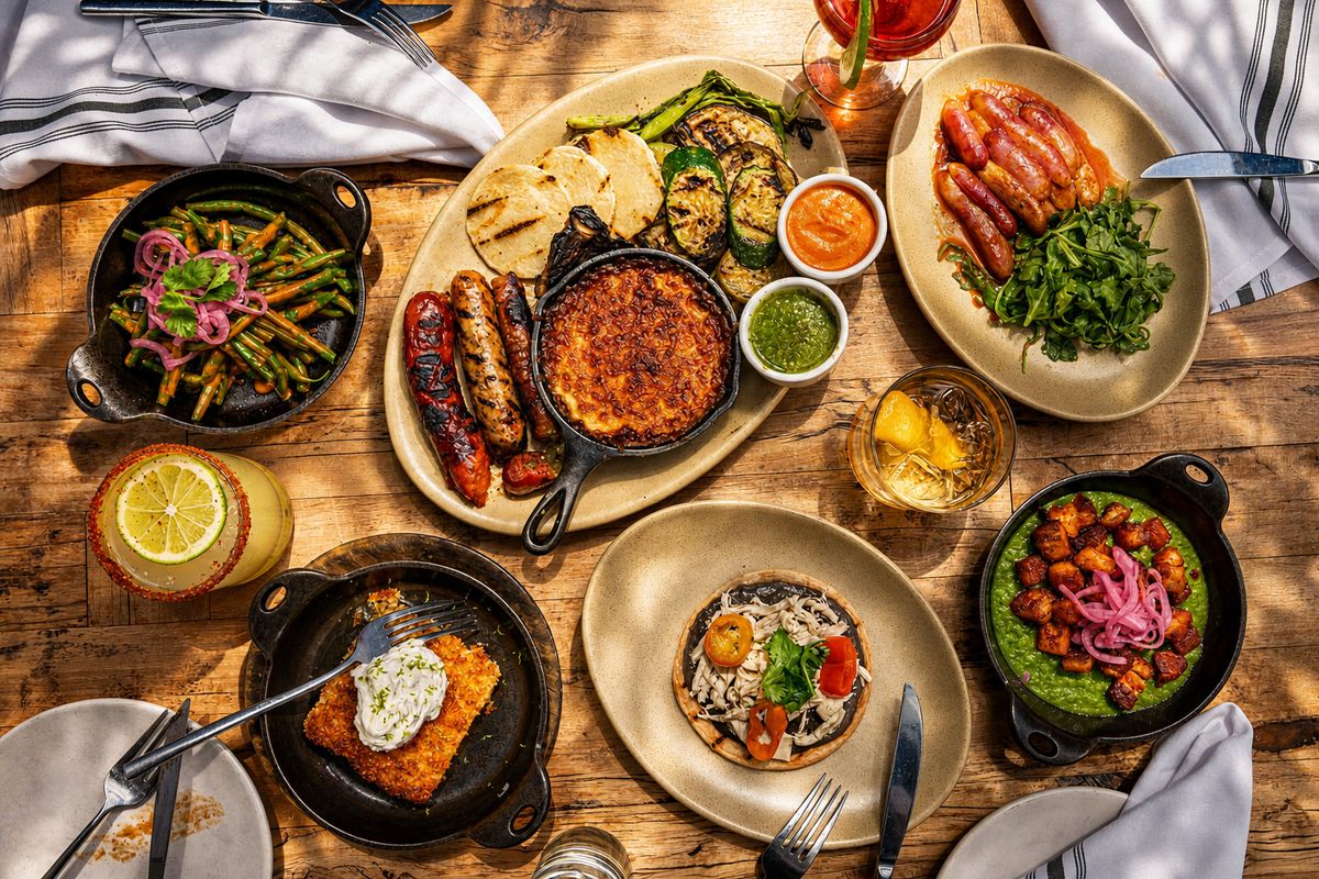 Comparti grazing table catering with grilled meats and tacos