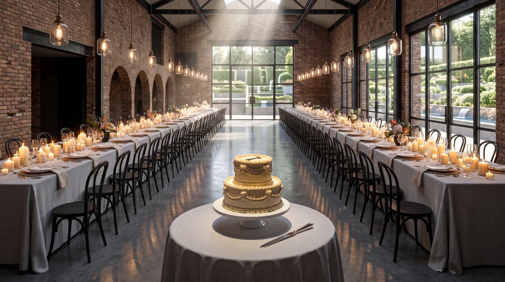 Elegant wedding reception with long candlelit tables and cake catered by Comparti in New York
