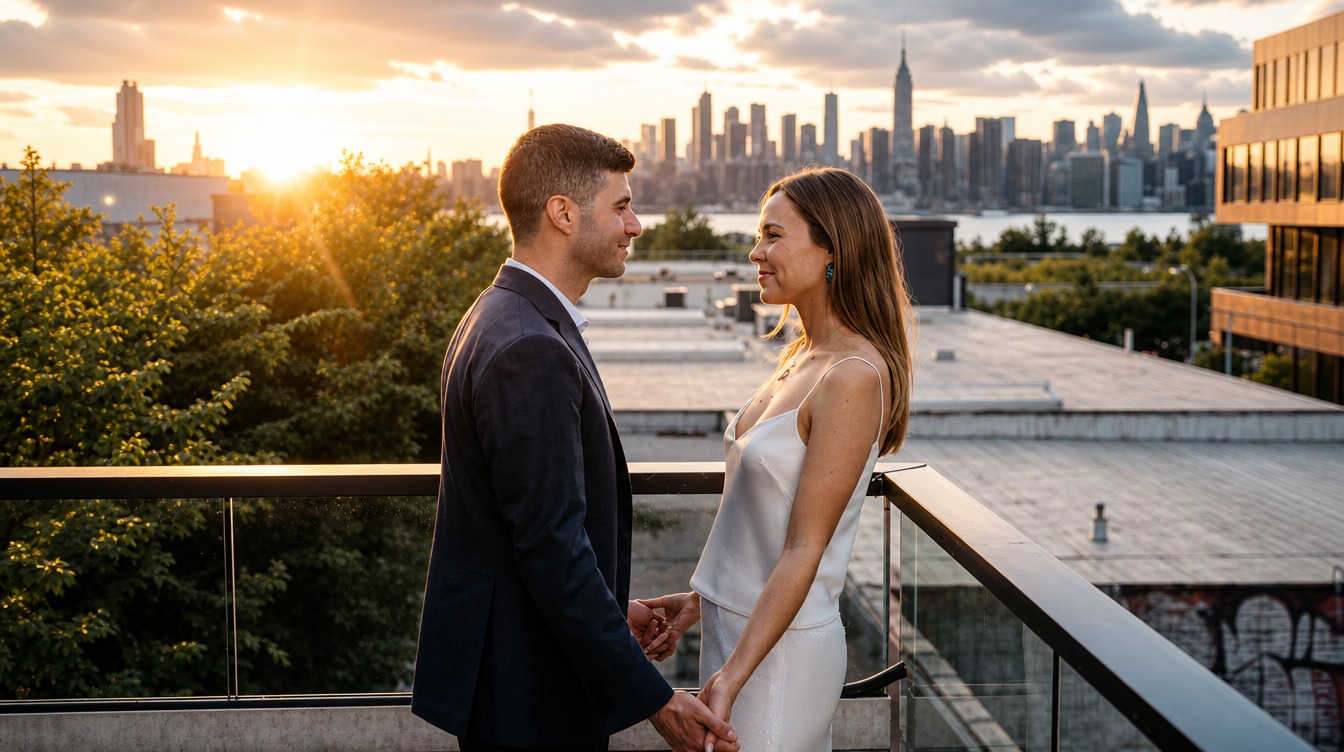 Comparti romantic rooftop wedding at sunset in New York