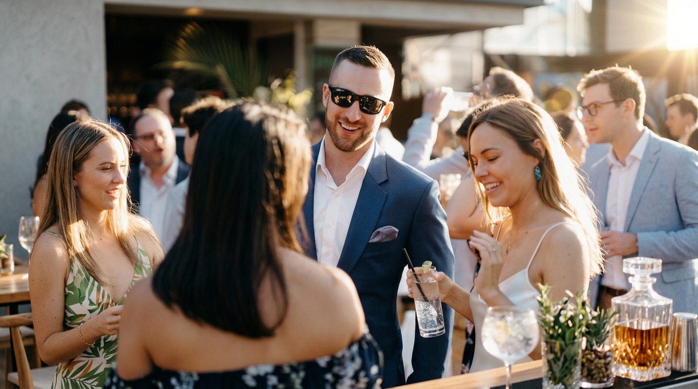 Guests with drinks at a Comparti rooftop wedding welcome party in New York City