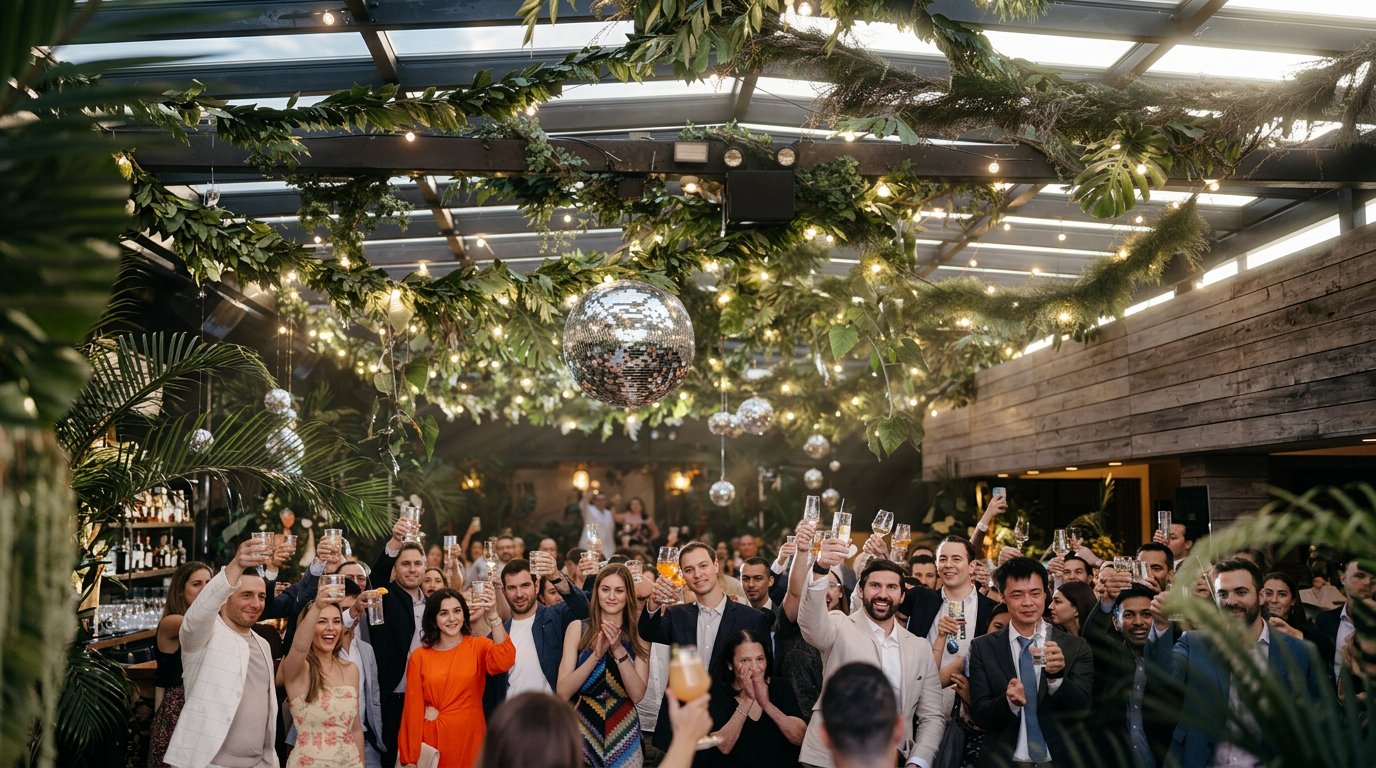 Guests raising a toast at a Comparti wedding reception in New York City
