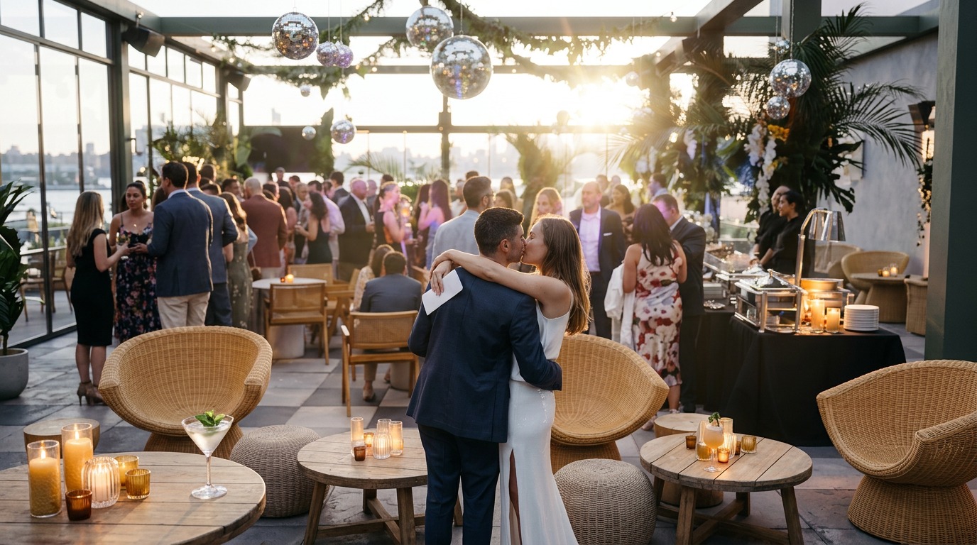 Newlyweds on a New York rooftop terrace with Comparti wedding buffet service